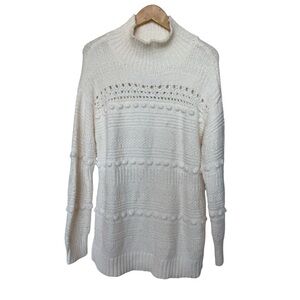 Lou & Grey Women's Ivory Mock Neck Sweater M Pom-Pom Detail Casual Alpaca Blend